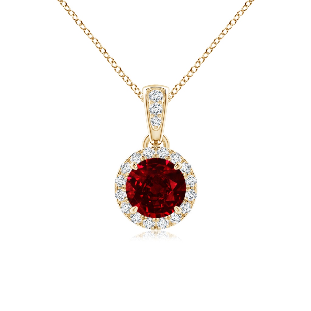 5mm Labgrown Lab-Grown Claw-Set Round Ruby Pendant with Diamond Halo in Yellow Gold