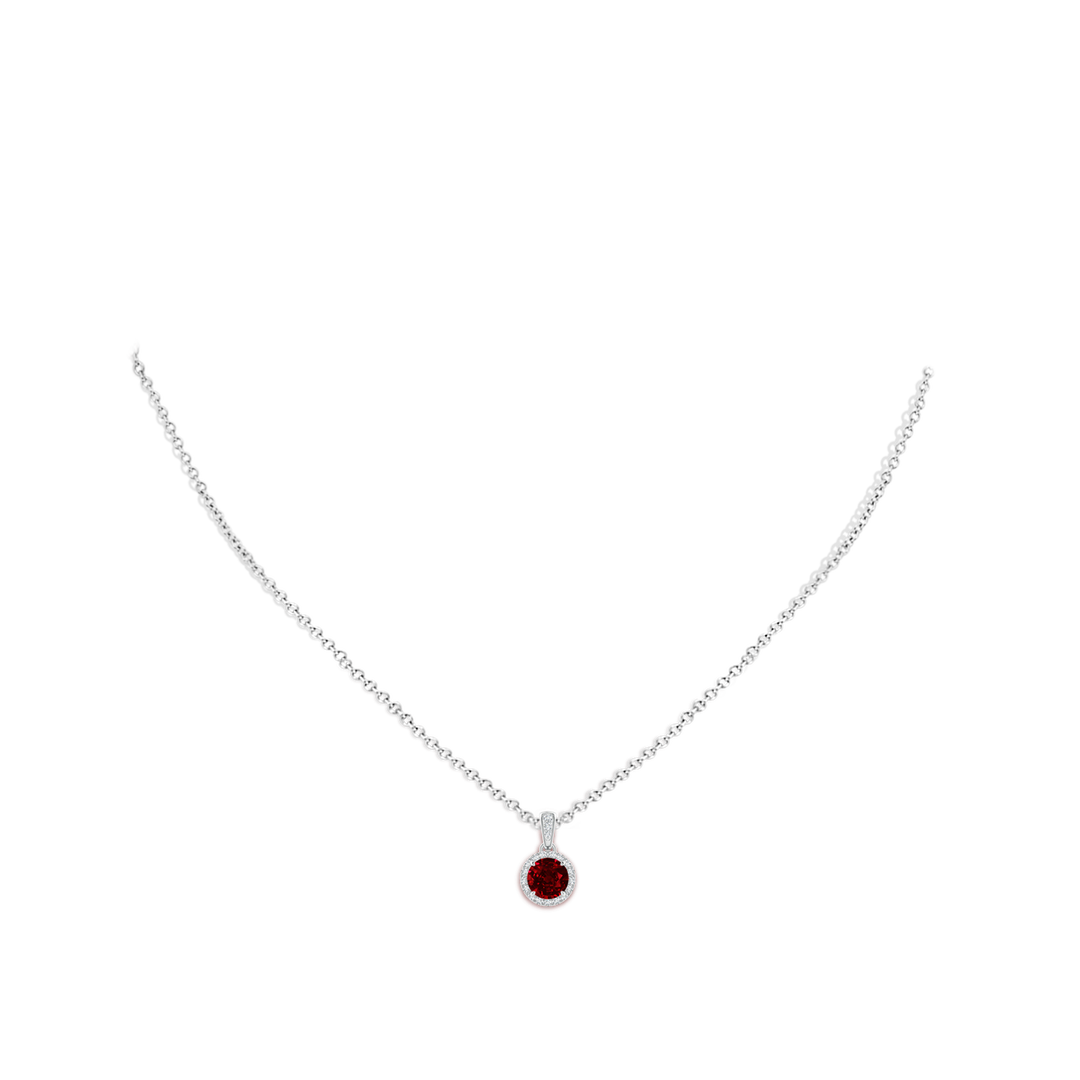 6mm Labgrown Lab-Grown Claw-Set Round Ruby Pendant with Diamond Halo in White Gold - body_neck