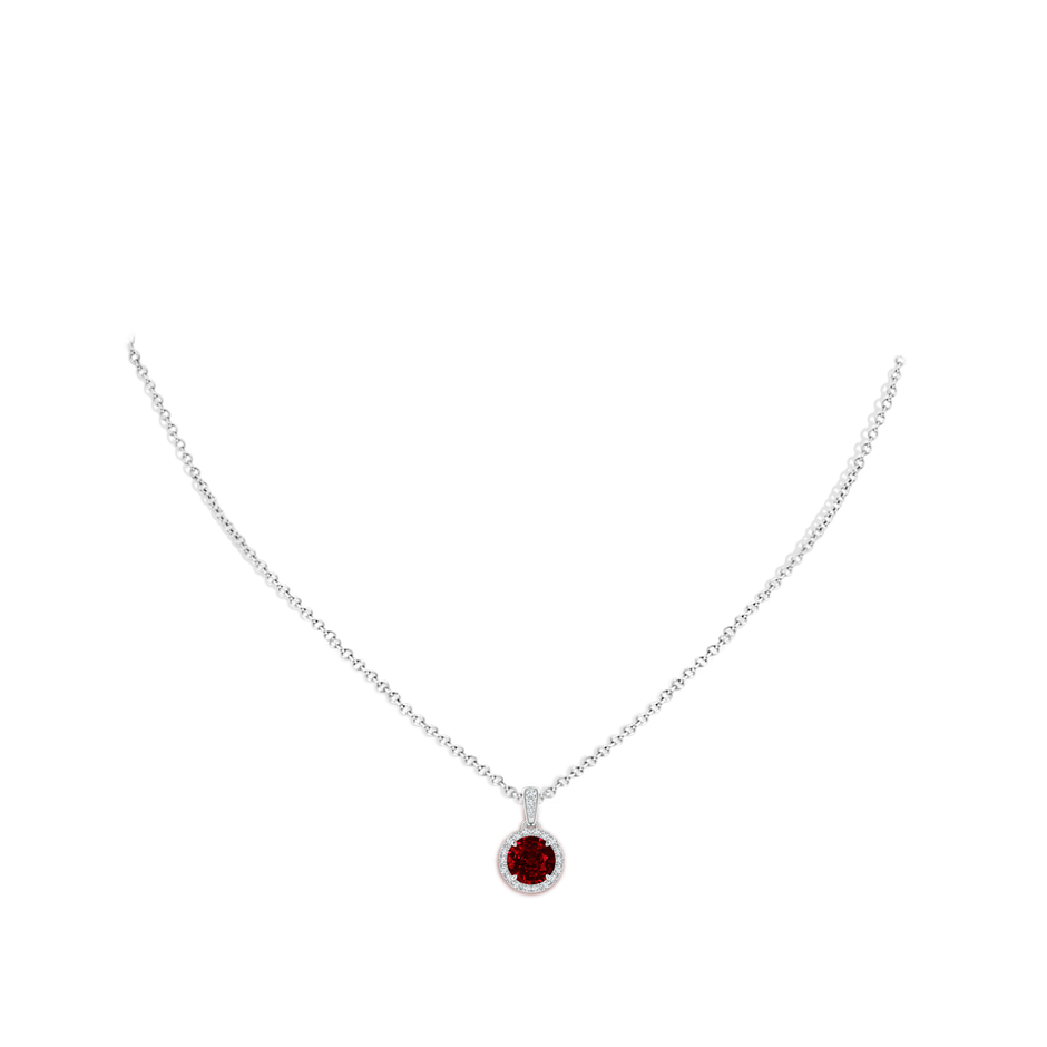7mm Labgrown Lab-Grown Claw-Set Round Ruby Pendant with Diamond Halo in 18K White Gold pen