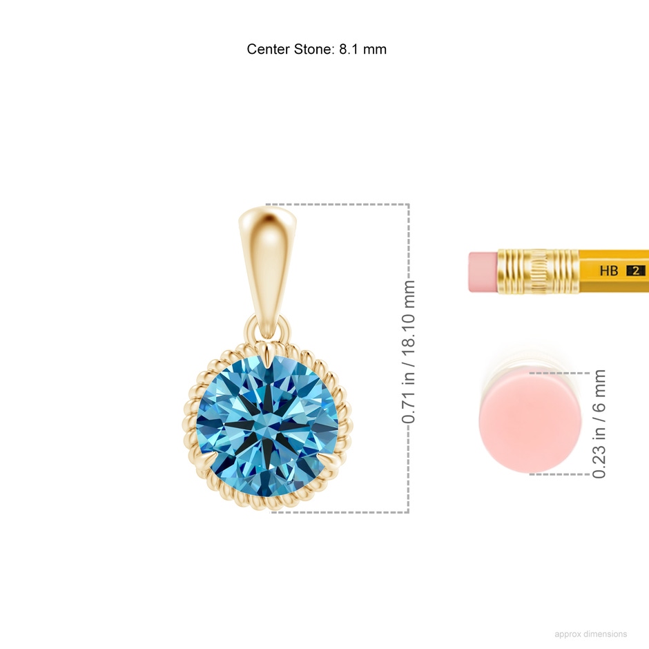 8.1mm Labgrown Rope-Framed Claw-Set Lab-Grown Fancy Intense Blue Diamond Solitaire Pendant in Yellow Gold ruler