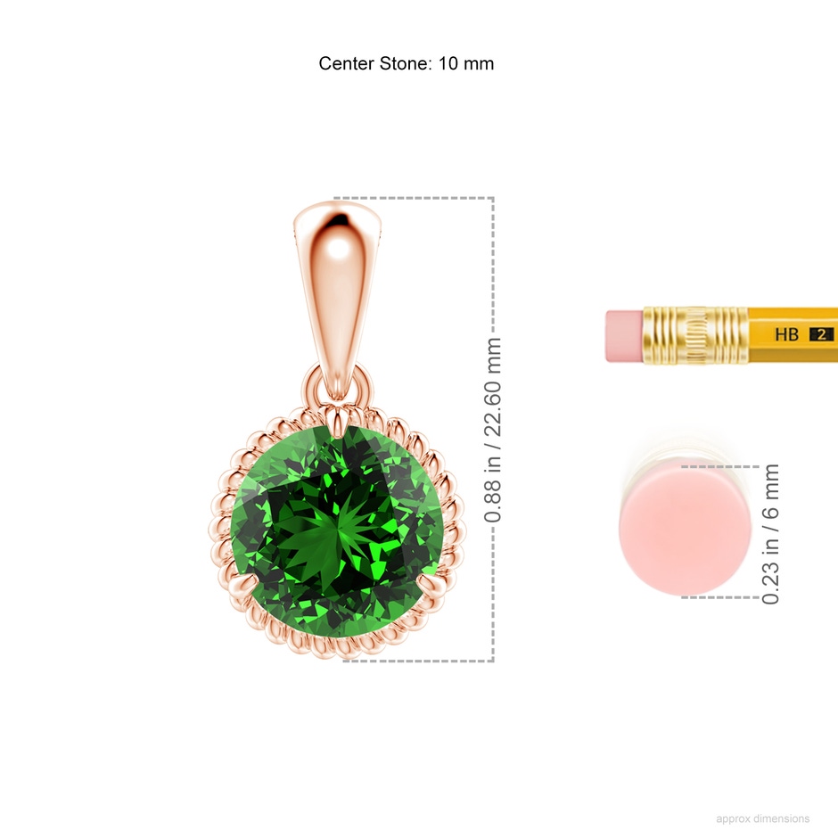 10mm Labgrown Lab-Grown Rope-Framed Claw-Set Emerald Solitaire Pendant in Rose Gold ruler