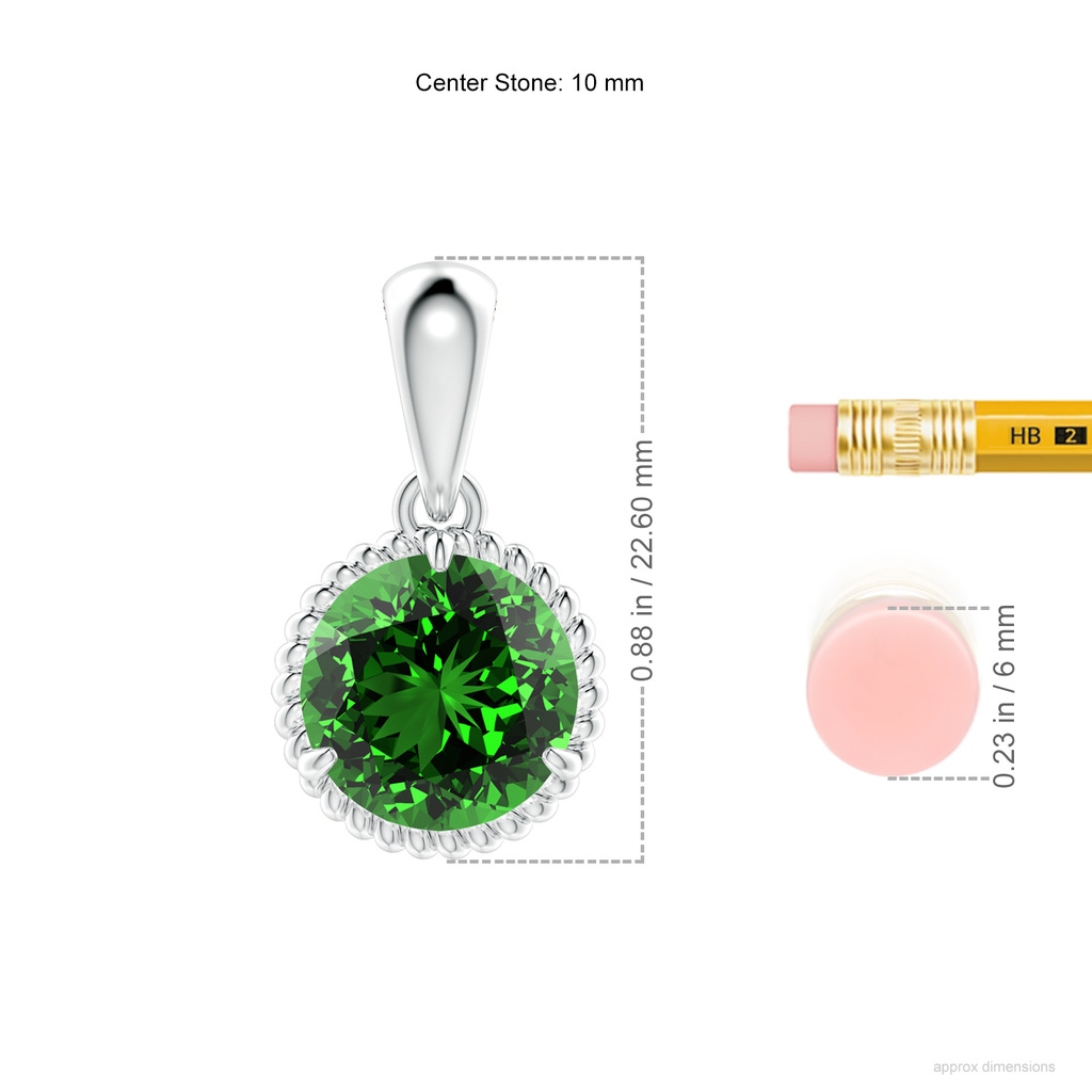 10mm Labgrown Lab-Grown Rope-Framed Claw-Set Emerald Solitaire Pendant in White Gold ruler