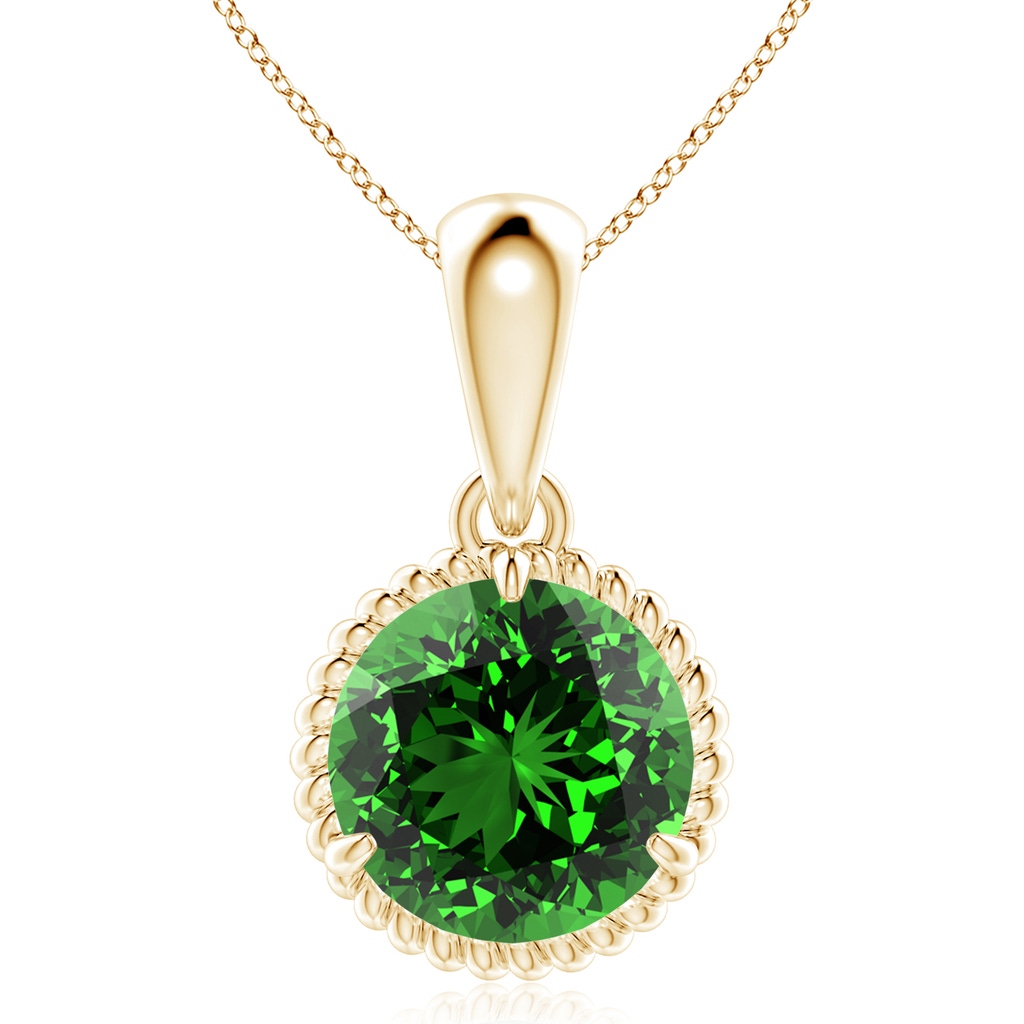 10mm Labgrown Lab-Grown Rope-Framed Claw-Set Emerald Solitaire Pendant in Yellow Gold
