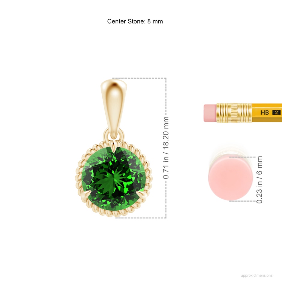 8mm Labgrown Lab-Grown Rope-Framed Claw-Set Emerald Solitaire Pendant in Yellow Gold ruler