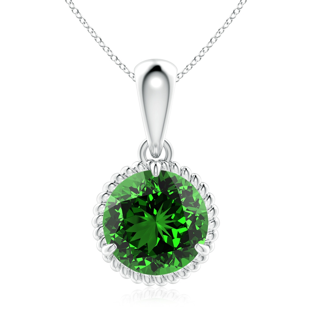 9mm Labgrown Lab-Grown Rope-Framed Claw-Set Emerald Solitaire Pendant in White Gold