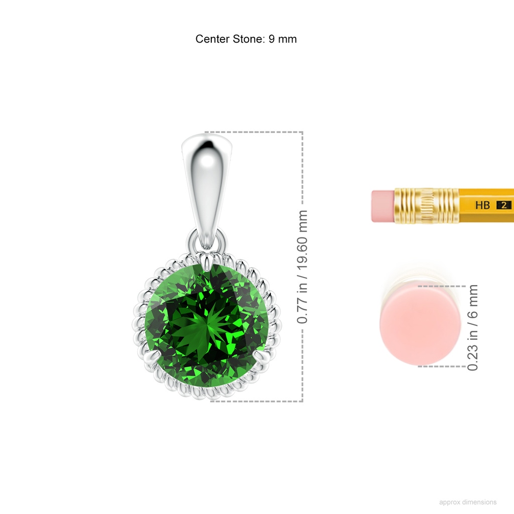 9mm Labgrown Lab-Grown Rope-Framed Claw-Set Emerald Solitaire Pendant in White Gold ruler