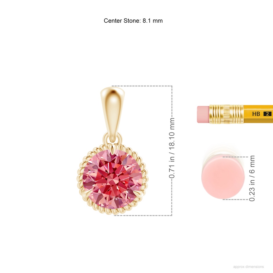 8.1mm Labgrown Rope-Framed Claw-Set Lab-Grown Fancy Intense Pink Diamond Solitaire Pendant in Yellow Gold ruler