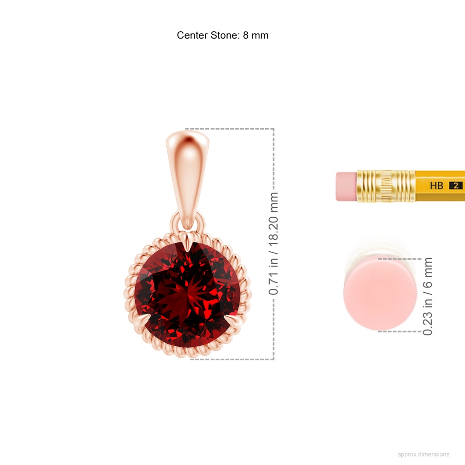 8mm Labgrown Lab-Grown Rope-Framed Claw-Set Ruby Solitaire Pendant in Rose Gold ruler