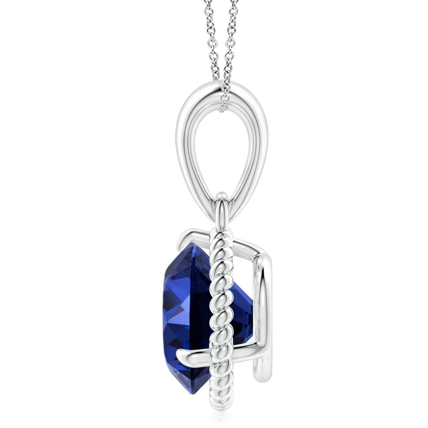 10mm Labgrown Lab-Grown Rope-Framed Claw-Set Blue Sapphire Solitaire Pendant in White Gold