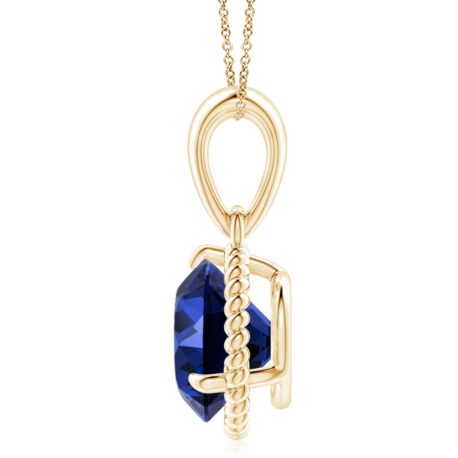 10mm Labgrown Lab-Grown Rope-Framed Claw-Set Blue Sapphire Solitaire Pendant in Yellow Gold