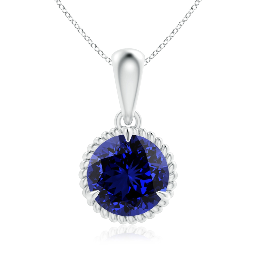 8mm Labgrown Lab-Grown Rope-Framed Claw-Set Blue Sapphire Solitaire Pendant in White Gold