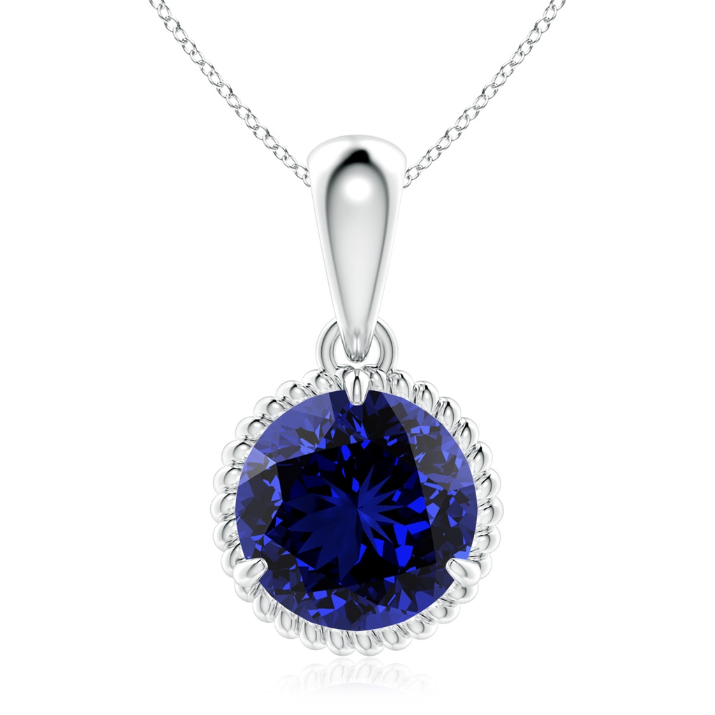 9mm Labgrown Lab-Grown Rope-Framed Claw-Set Blue Sapphire Solitaire Pendant in White Gold