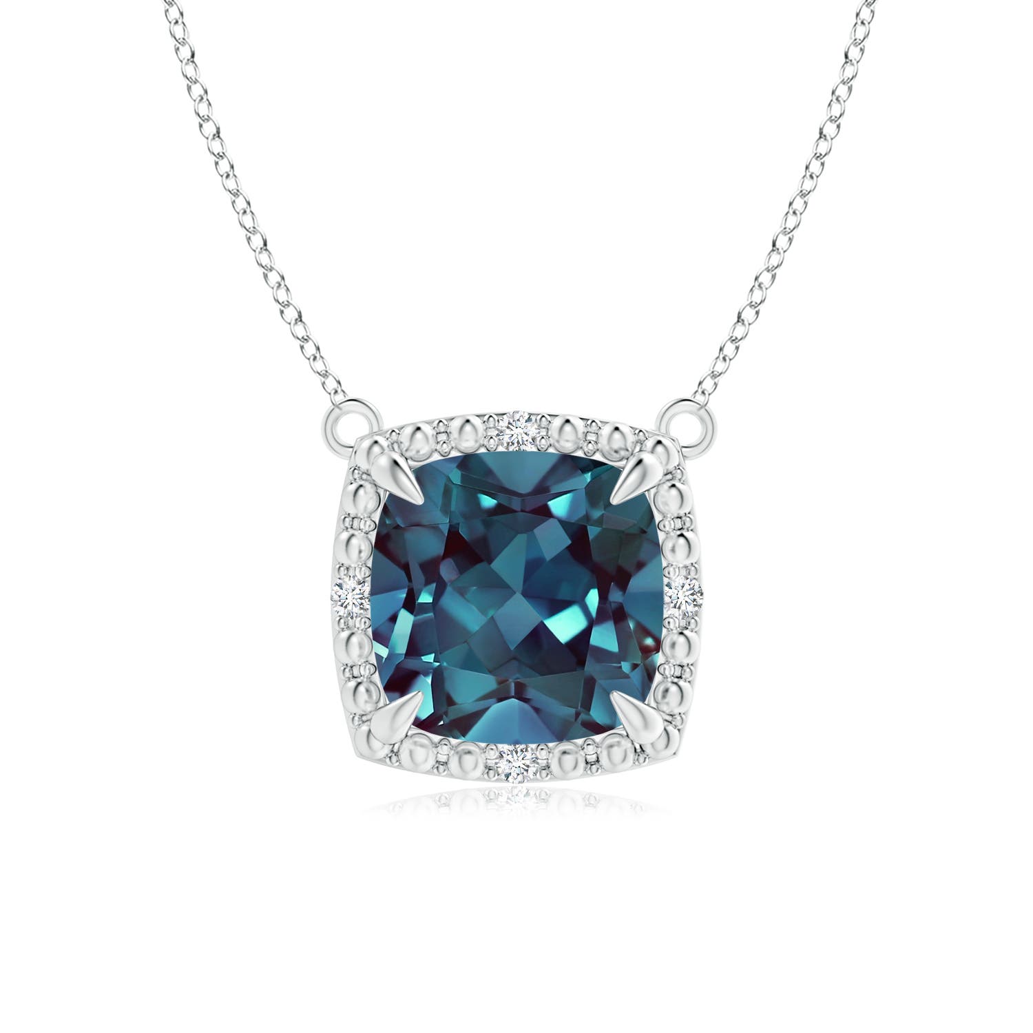 7mm Labgrown Claw-Set Lab-Grown Alexandrite Beaded Halo Necklace in White Gold