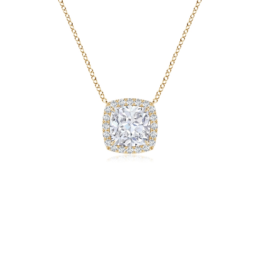 5mm FGVS Lab-Grown Cushion Diamond Halo Pendant with Filigree in Yellow Gold