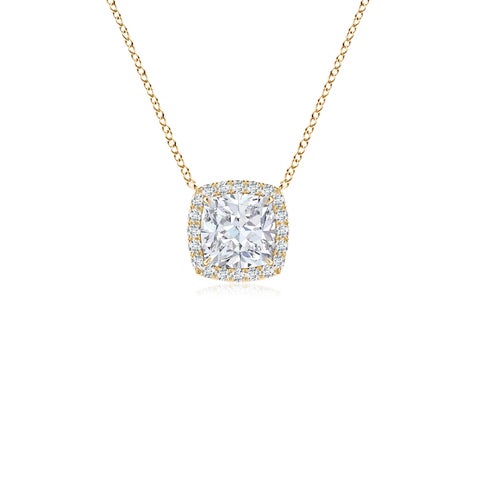 5mm FGVS Lab-Grown Cushion Diamond Halo Pendant with Filigree in Yellow Gold
