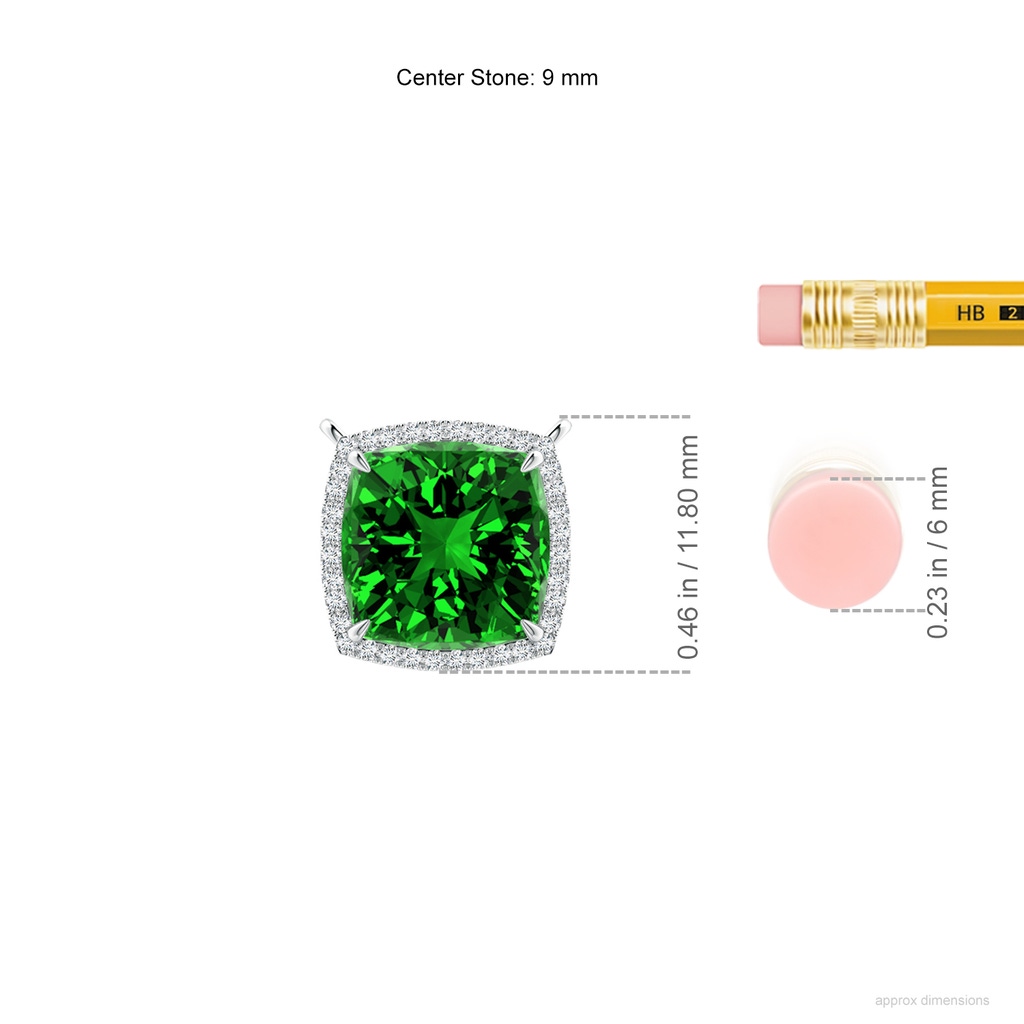 9mm Labgrown Lab-Grown Cushion Emerald Halo Pendant with Filigree in White Gold ruler