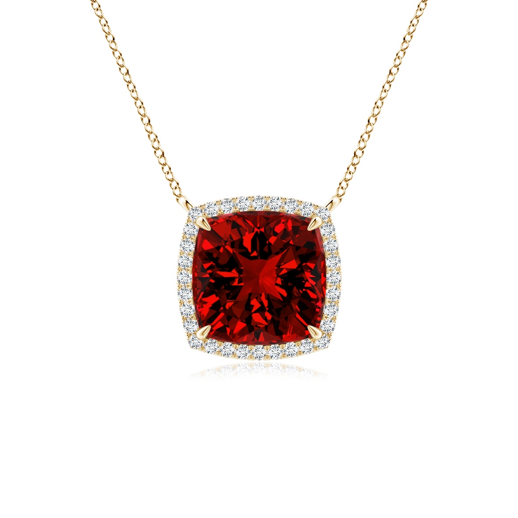 8mm Labgrown Lab-Grown Cushion Ruby Halo Pendant with Filigree in Yellow Gold 