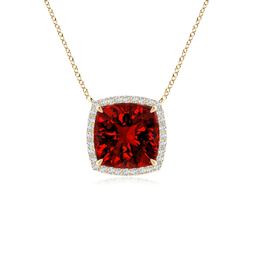 8mm Labgrown Lab-Grown Cushion Ruby Halo Pendant with Filigree in Yellow Gold