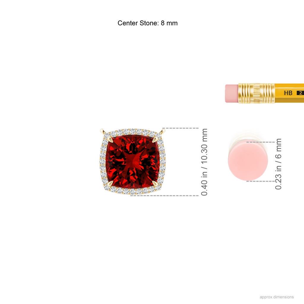 8mm Labgrown Lab-Grown Cushion Ruby Halo Pendant with Filigree in Yellow Gold ruler