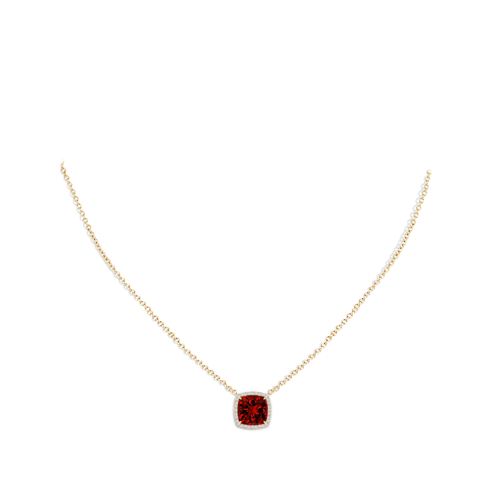 8mm Labgrown Lab-Grown Cushion Ruby Halo Pendant with Filigree in Yellow Gold pen