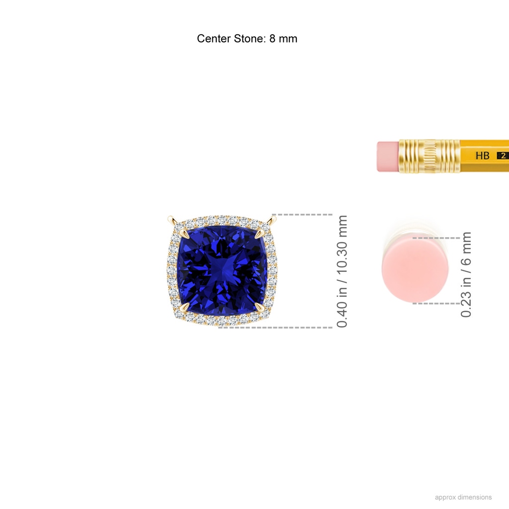 8mm Labgrown Lab-Grown Cushion Blue Sapphire Halo Pendant with Filigree in Yellow Gold ruler