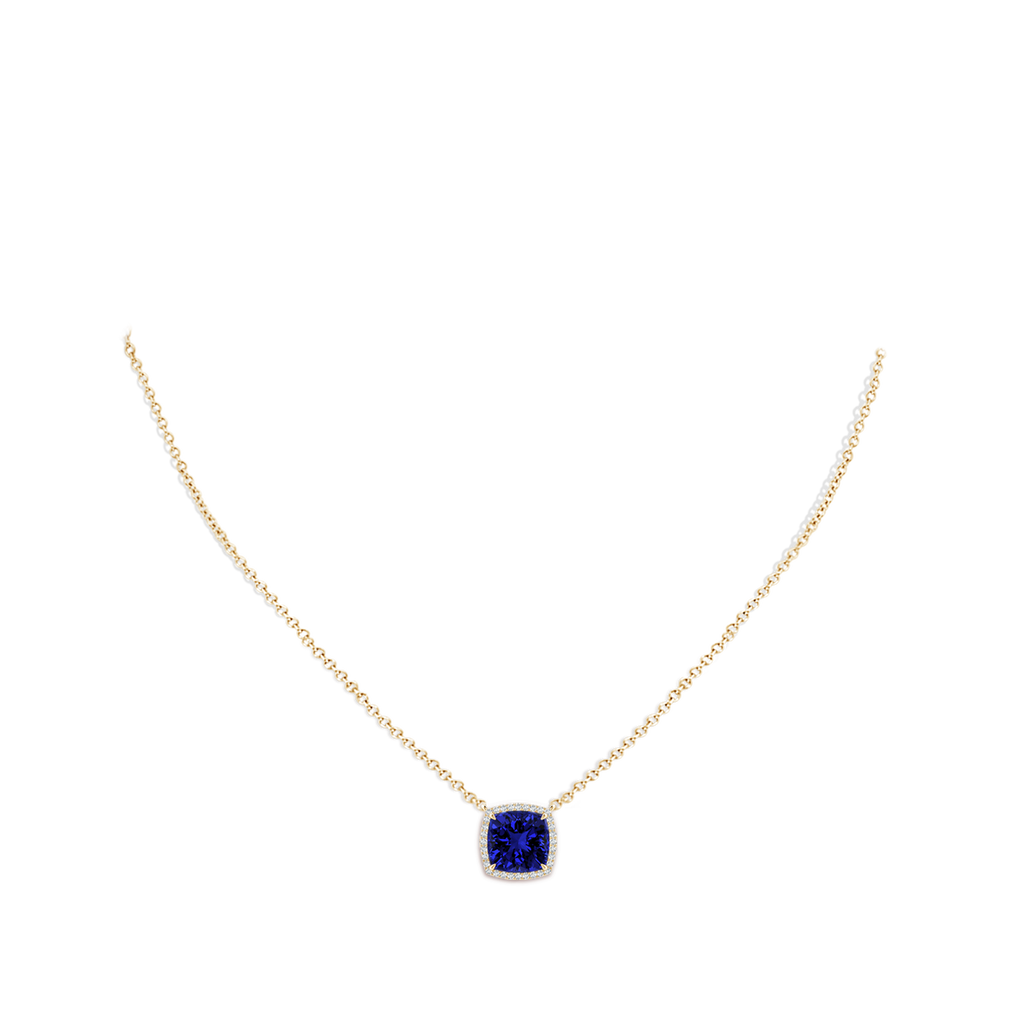 8mm Labgrown Lab-Grown Cushion Blue Sapphire Halo Pendant with Filigree in Yellow Gold pen