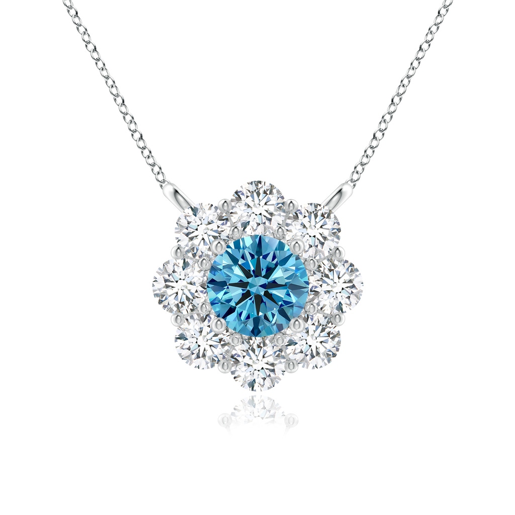 4.2mm Labgrown Prong-Set Round Lab-Grown Fancy Intense Blue Diamond Halo Pendant in White Gold