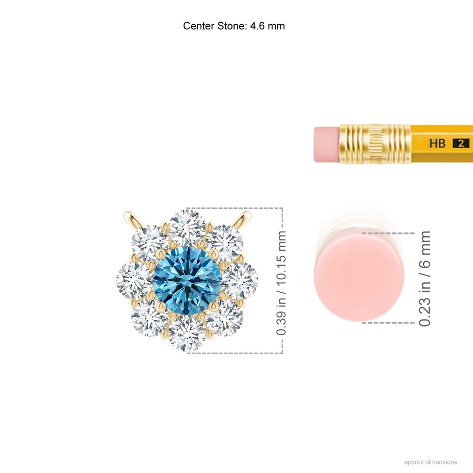 4.6mm Labgrown Prong-Set Round Lab-Grown Fancy Intense Blue Diamond Halo Pendant in Yellow Gold ruler