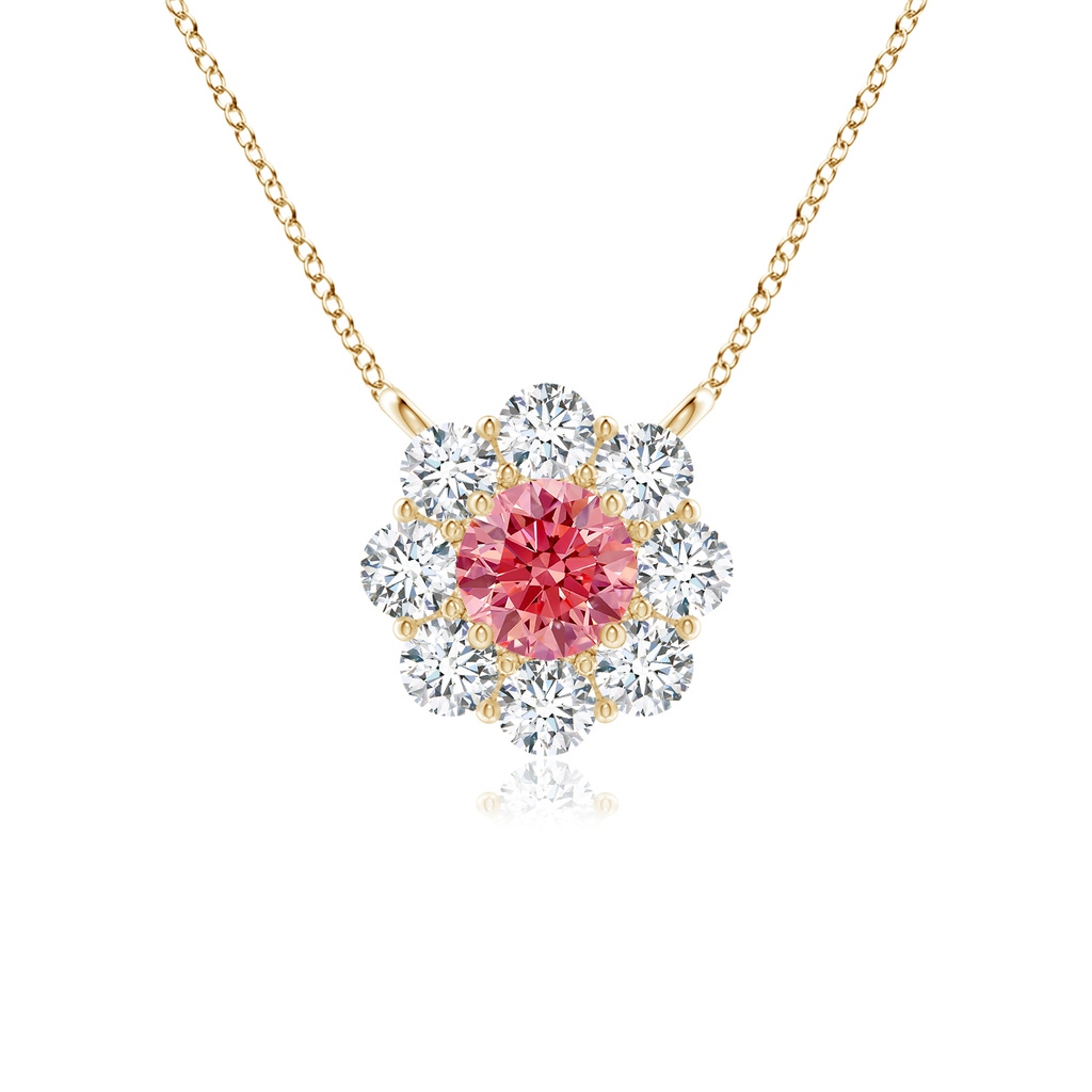 3.5mm Labgrown Prong-Set Round Lab-Grown Fancy Intense Pink Diamond Halo Pendant in Yellow Gold