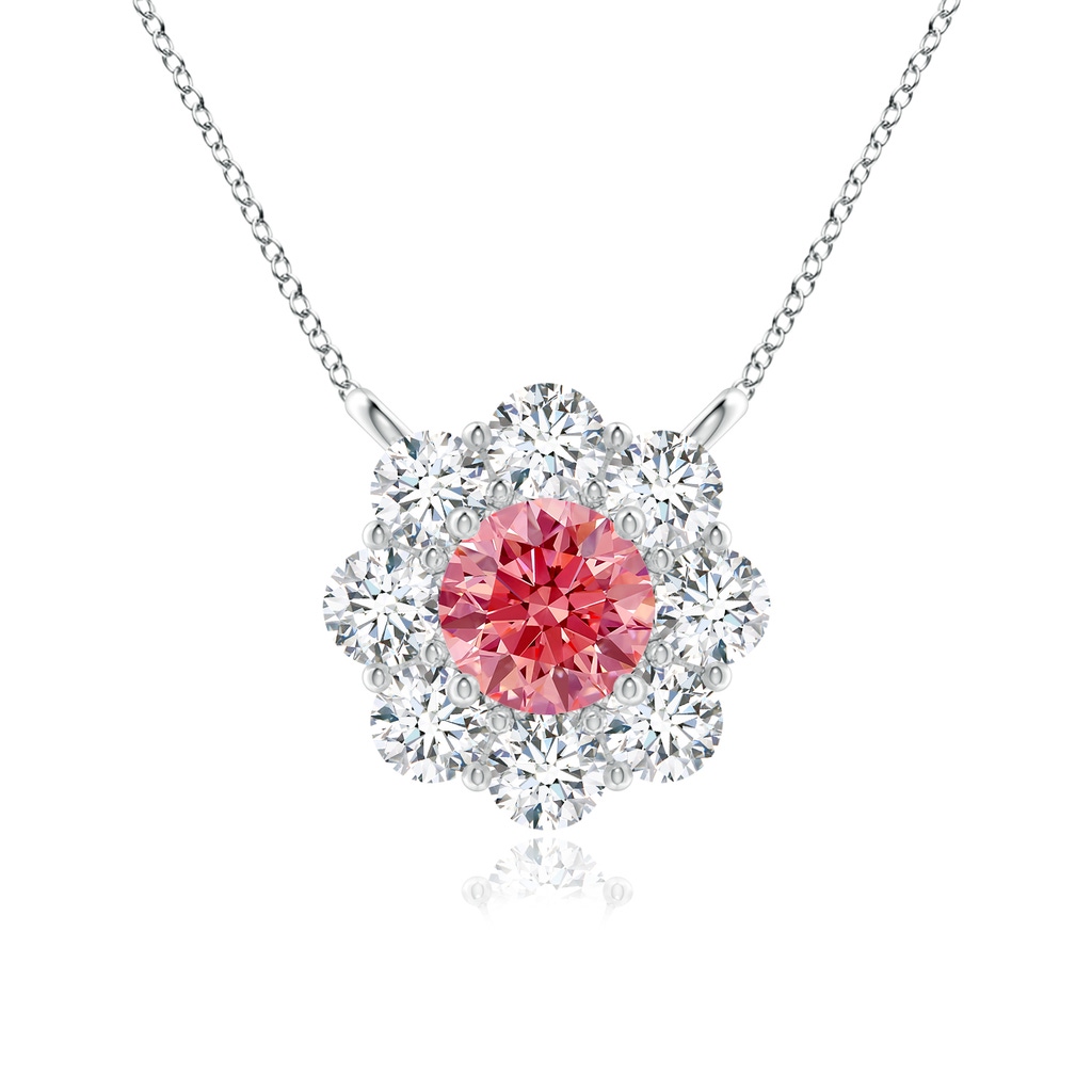 4.2mm Labgrown Prong-Set Round Lab-Grown Fancy Intense Pink Diamond Halo Pendant in White Gold