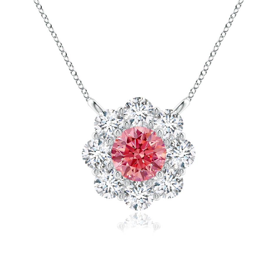 4.2mm Labgrown Prong-Set Round Lab-Grown Fancy Intense Pink Diamond Halo Pendant in White Gold 