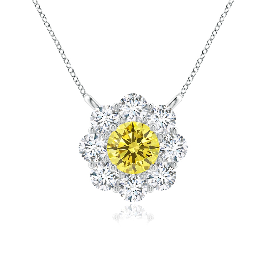 4.2mm Labgrown Prong-Set Round Lab-Grown Fancy Intense Yellow Diamond Halo Pendant in White Gold