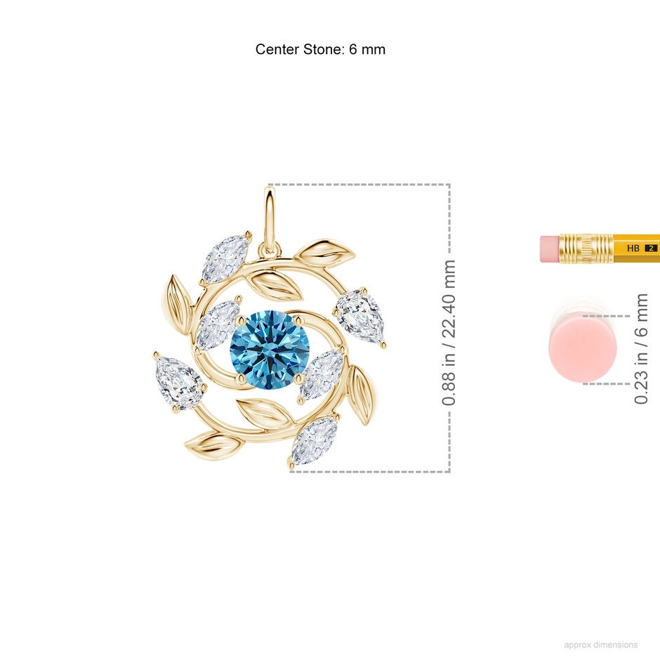 6mm Labgrown Lab-Grown Fancy Intense Blue and White Diamond Olive Branch Pendant in Yellow Gold ruler