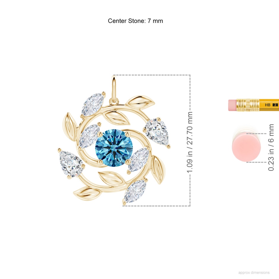 7mm Labgrown Lab-Grown Fancy Intense Blue and White Diamond Olive Branch Pendant in Yellow Gold ruler