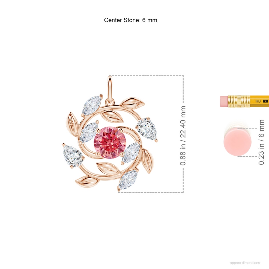 6mm Labgrown Lab-Grown Fancy Intense Pink and White Diamond Olive Branch Pendant in Rose Gold ruler