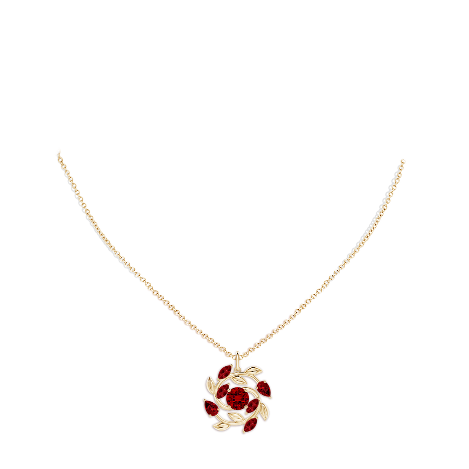 6mm Labgrown Lab-Grown Round and Marquise Ruby Olive Branch Pendant in Yellow Gold pen