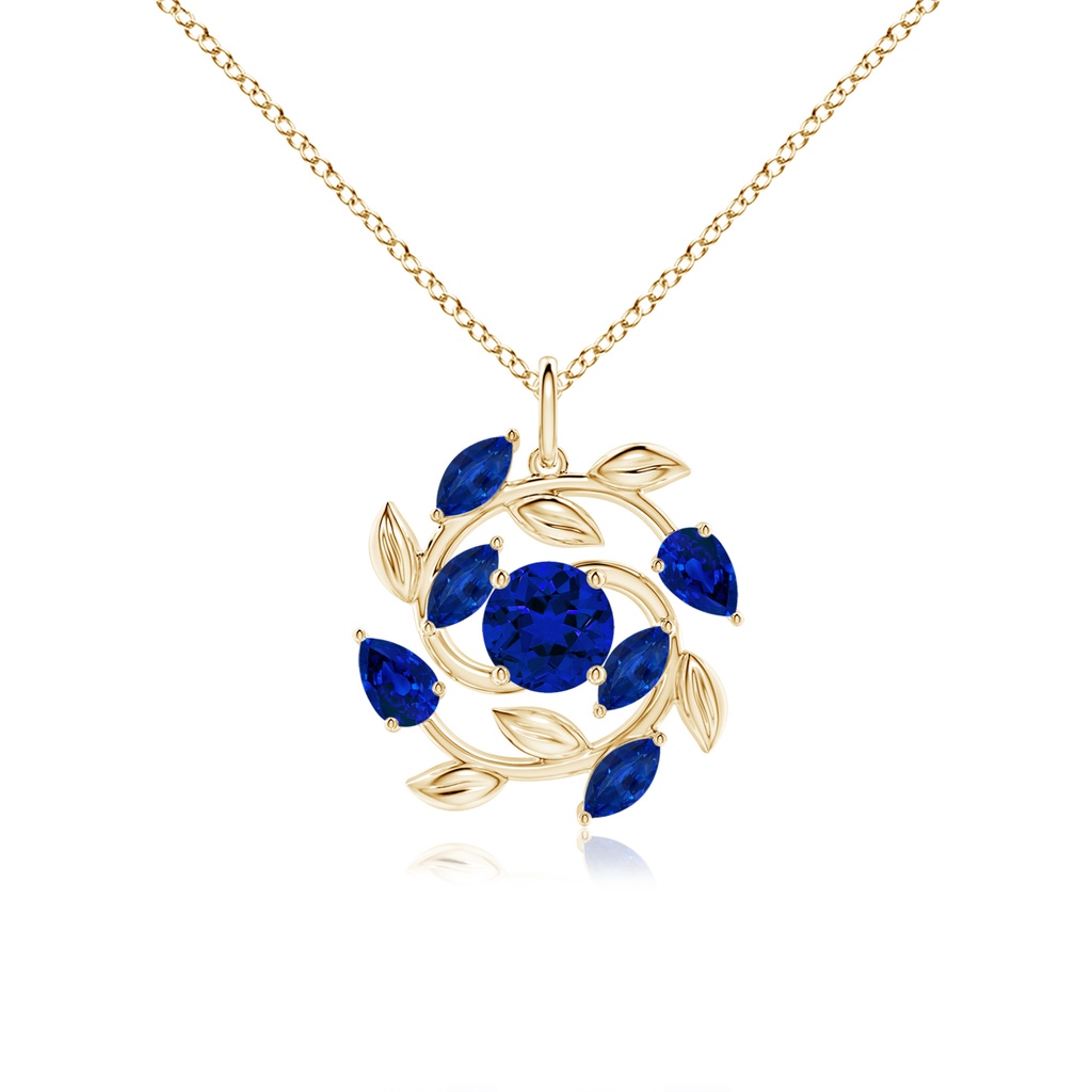 6mm Labgrown Lab-Grown Round and Marquise Blue Sapphire Olive Branch Pendant in Yellow Gold