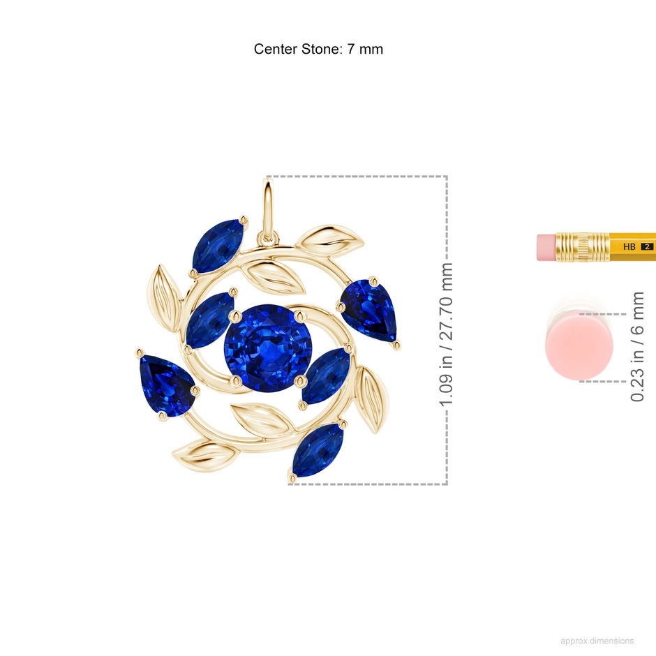 7mm Labgrown Lab-Grown Round and Marquise Blue Sapphire Olive Branch Pendant in Yellow Gold ruler