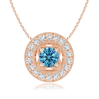 6.4mm Labgrown Vintage Style Lab-Grown Fancy Intense Blue Diamond Halo Pendant with Milgrain Detailing in 18K Rose Gold