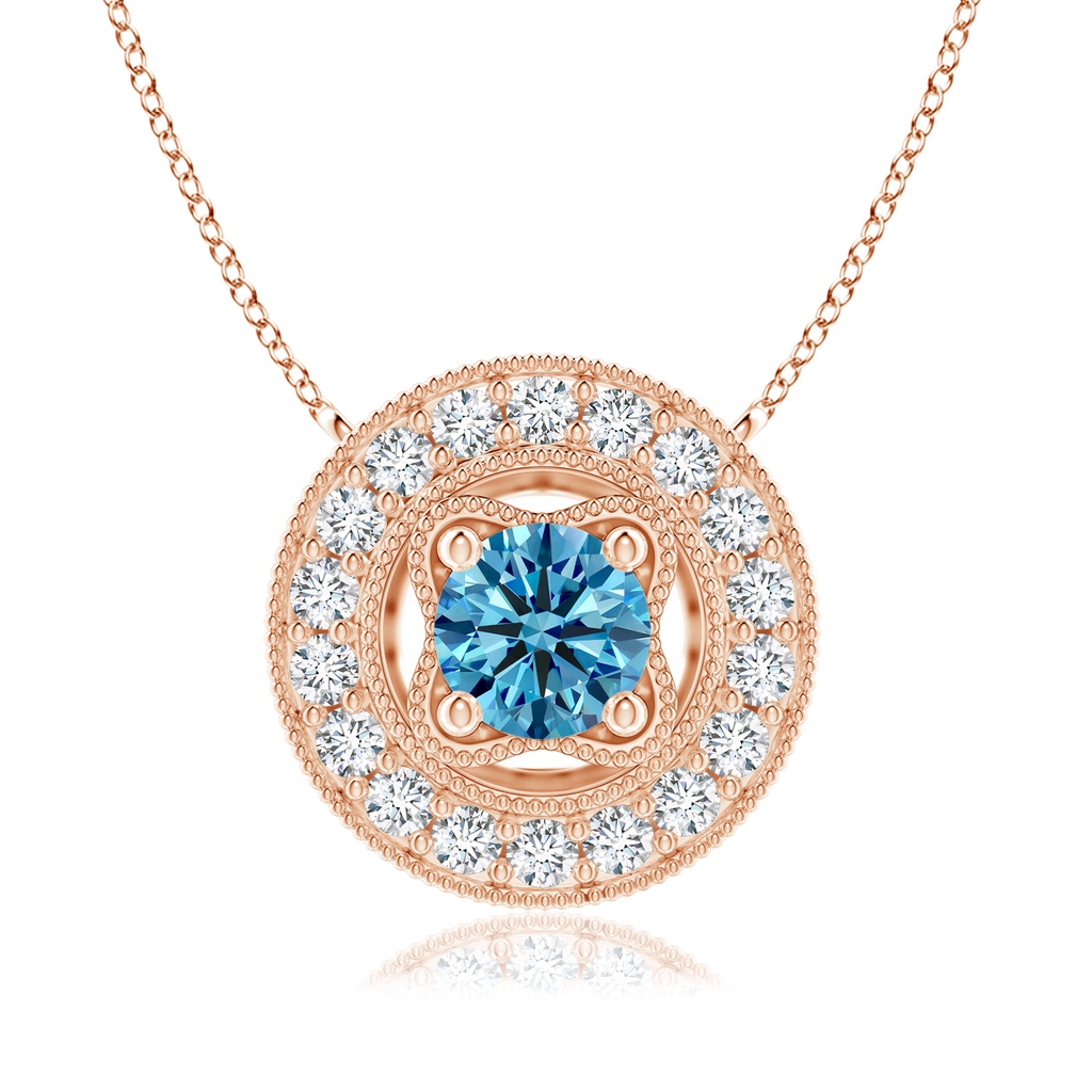 6.4mm Labgrown Vintage Style Lab-Grown Fancy Intense Blue Diamond Halo Pendant with Milgrain Detailing in Rose Gold