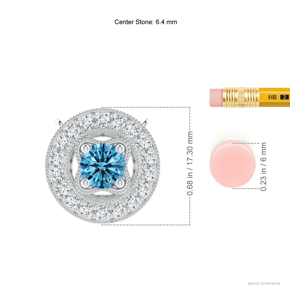 6.4mm Labgrown Vintage Style Lab-Grown Fancy Intense Blue Diamond Halo Pendant with Milgrain Detailing in White Gold ruler