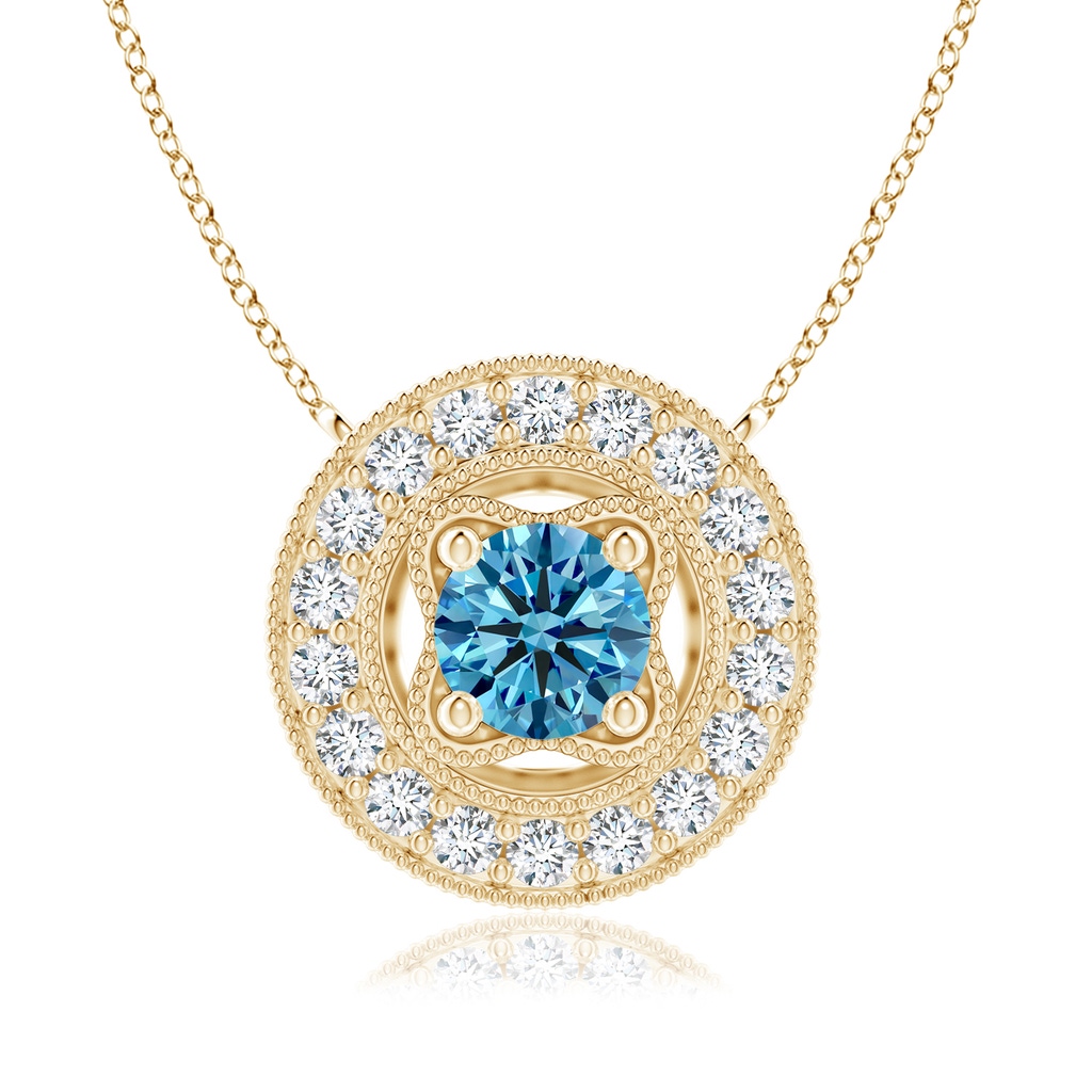 6.4mm Labgrown Vintage Style Lab-Grown Fancy Intense Blue Diamond Halo Pendant with Milgrain Detailing in Yellow Gold