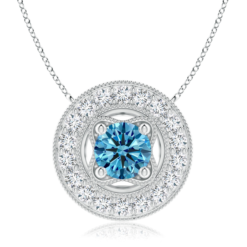 7.4mm Labgrown Vintage Style Lab-Grown Fancy Intense Blue Diamond Halo Pendant with Milgrain Detailing in White Gold