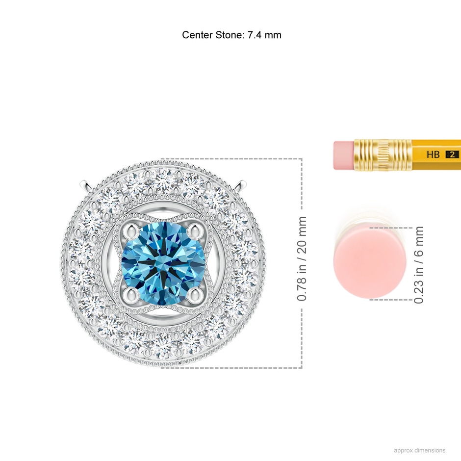 7.4mm Labgrown Vintage Style Lab-Grown Fancy Intense Blue Diamond Halo Pendant with Milgrain Detailing in White Gold ruler