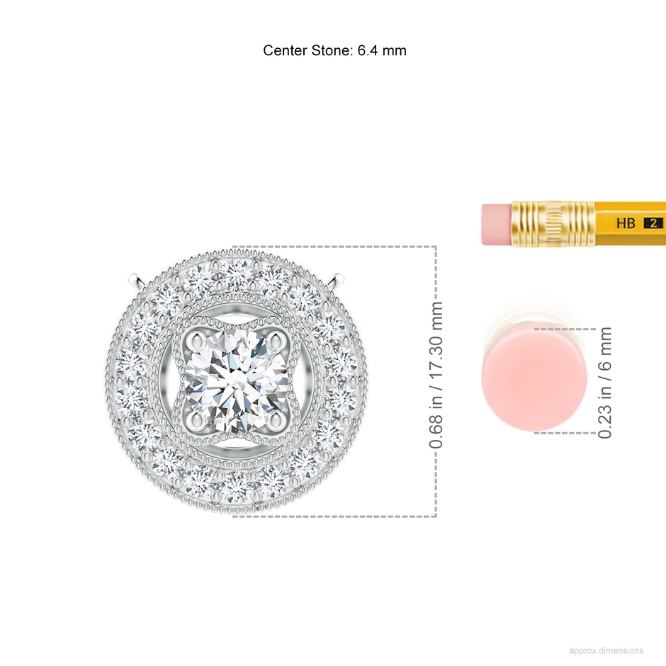 6.4mm FGVS Lab-Grown Vintage Style Diamond Halo Pendant with Milgrain Detailing in S999 Silver ruler
