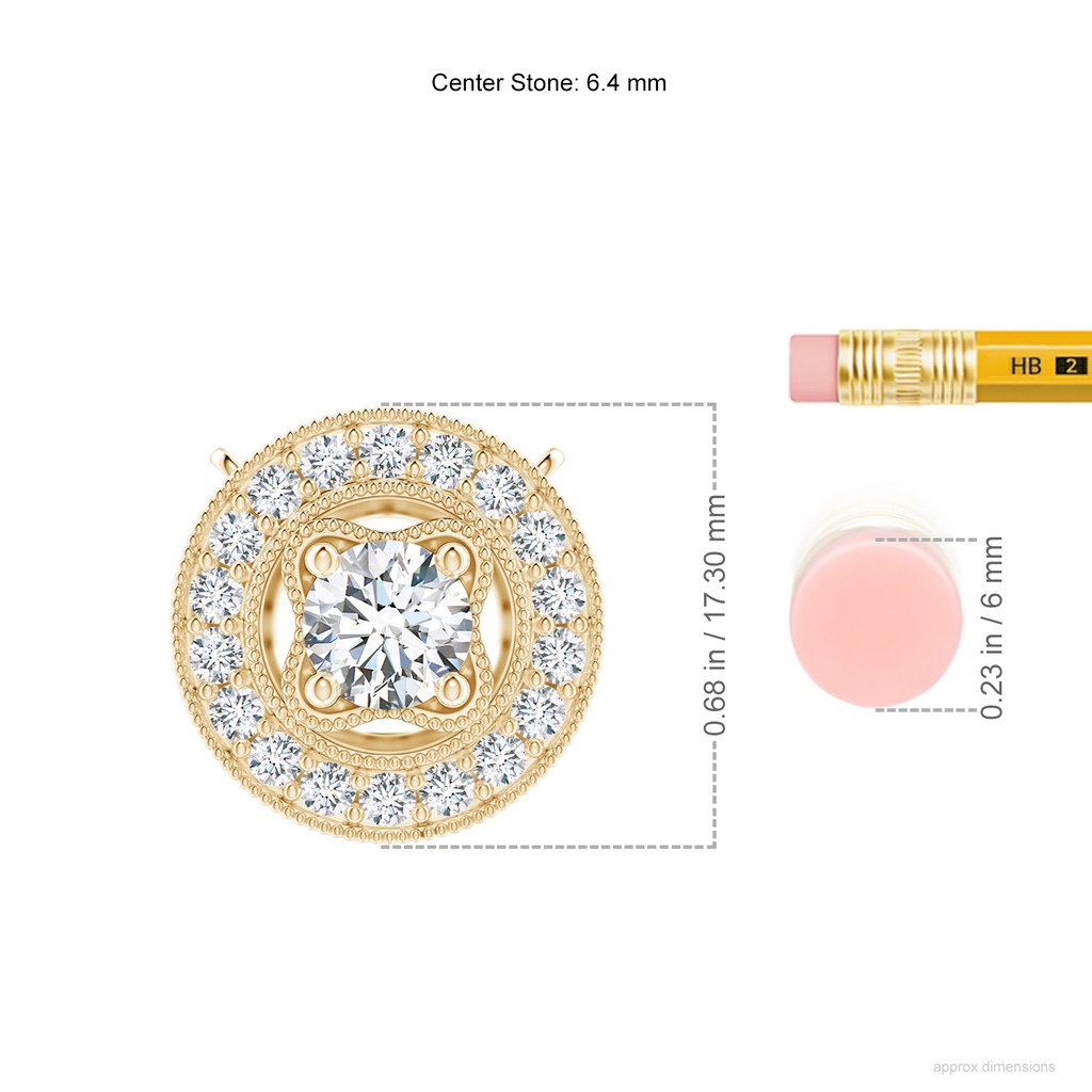 6.4mm FGVS Lab-Grown Vintage Style Diamond Halo Pendant with Milgrain Detailing in Yellow Gold ruler