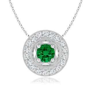 6mm Labgrown Lab-Grown Vintage Style Emerald Halo Pendant with Milgrain Detailing in S999 Silver