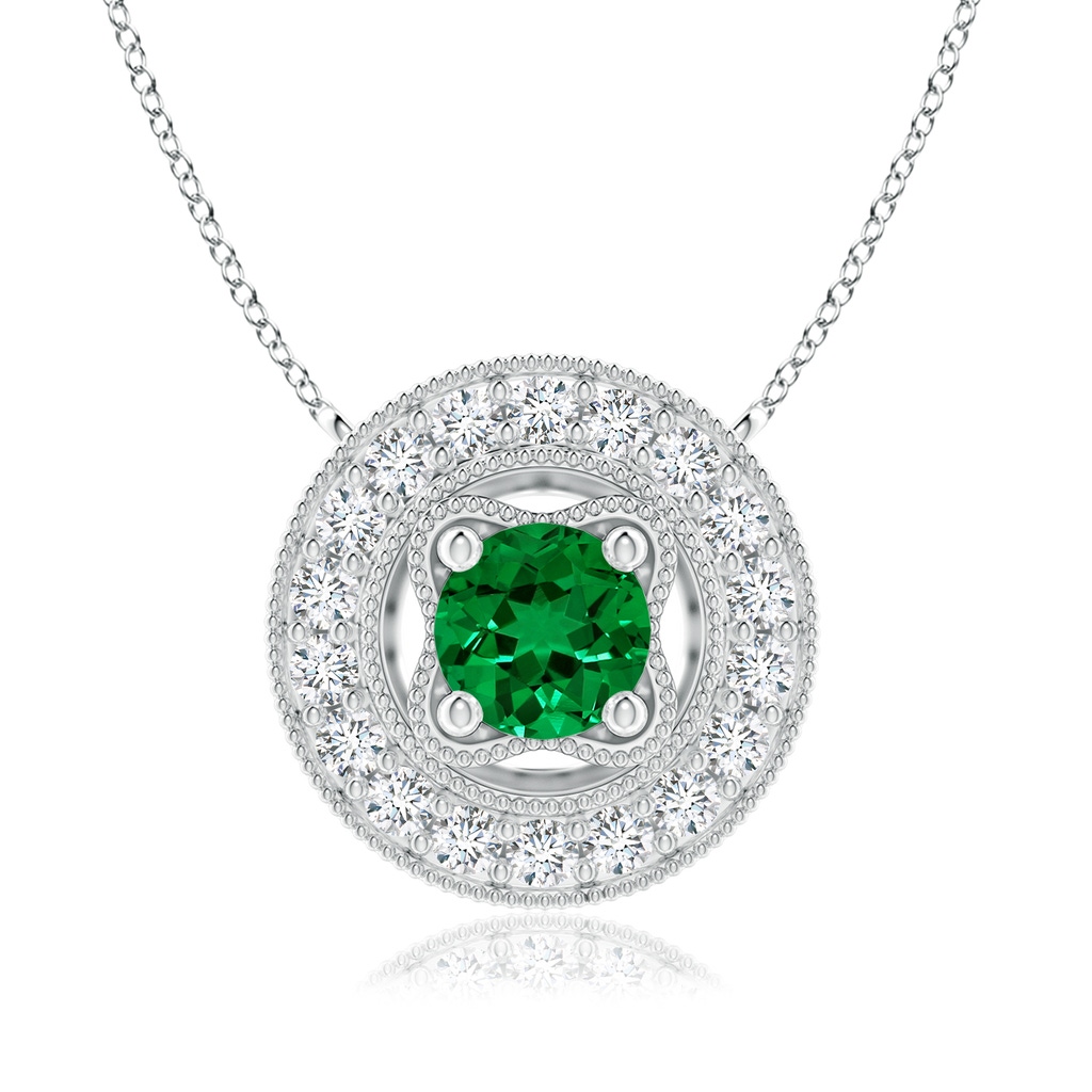 6mm Labgrown Lab-Grown Vintage Style Emerald Halo Pendant with Milgrain Detailing in White Gold 