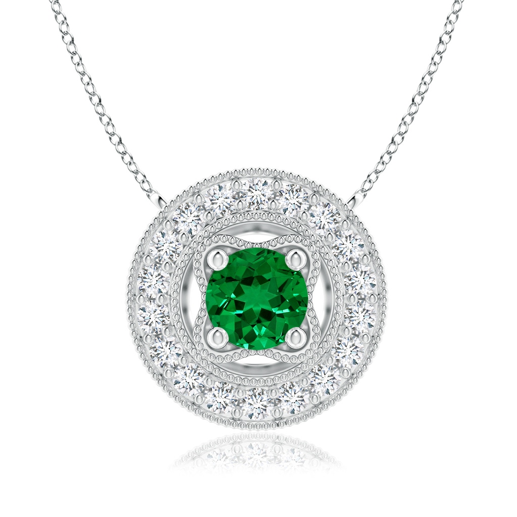 6mm Labgrown Lab-Grown Vintage Style Emerald Halo Pendant with Milgrain Detailing in White Gold