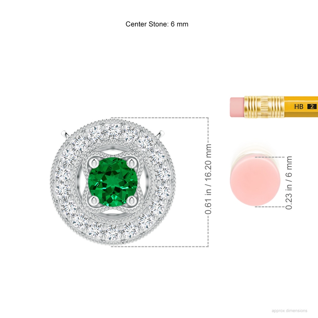 6mm Labgrown Lab-Grown Vintage Style Emerald Halo Pendant with Milgrain Detailing in White Gold ruler